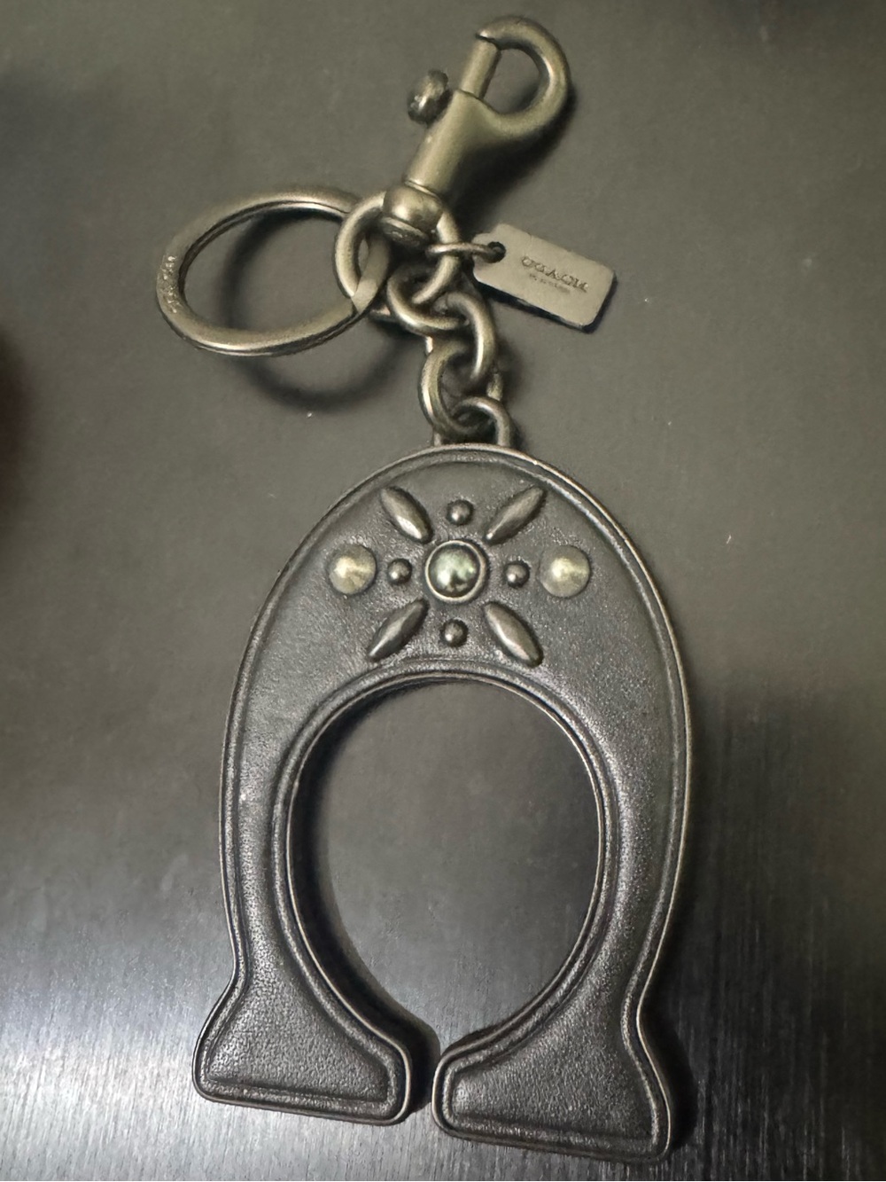 Coach Black Leather and Gunmetal Key Fob with Stud Accents